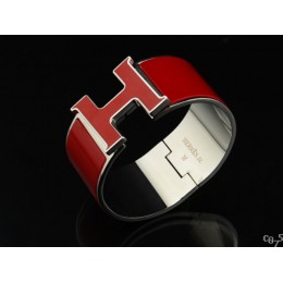 Hermes Red Enamel Clic H Bracelet Narrow Width (33mm) In Silver